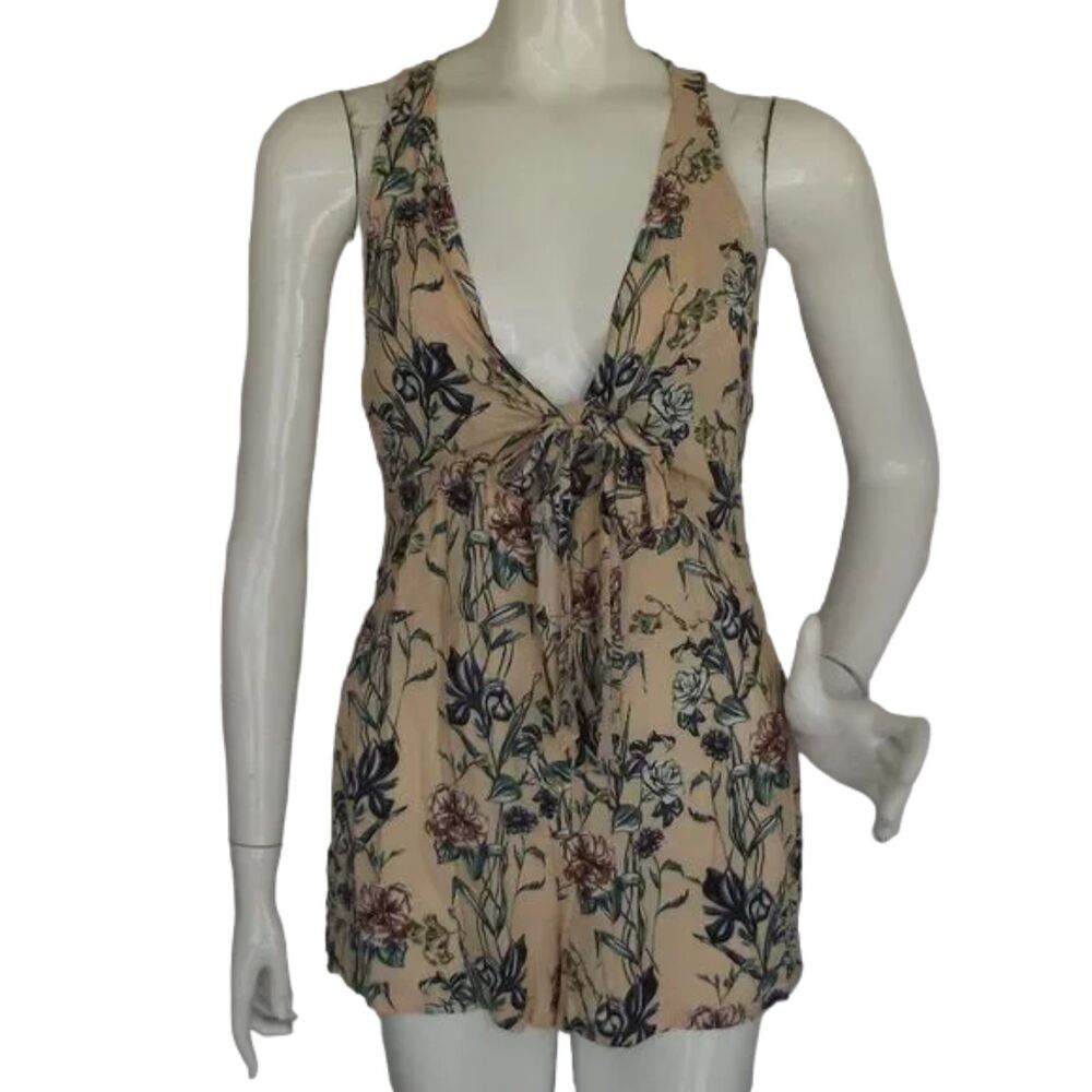O'NEILL Tank Romper, S, Tan/Floral print, Tie front, Mini Shorts, Cutout back